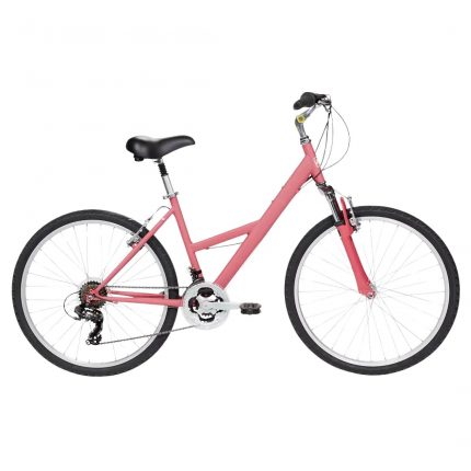 Women’s Step-Through 21-Speed Hybrid Comfort Bike with Front Suspension Fork, V-Brakes, 26″ Alloy Wheels, Adjustable Pink Frame